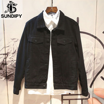 Spring and autumn cotton mens multi-pocket loose denim jacket Hong Kong style trend ins letter black overcoat