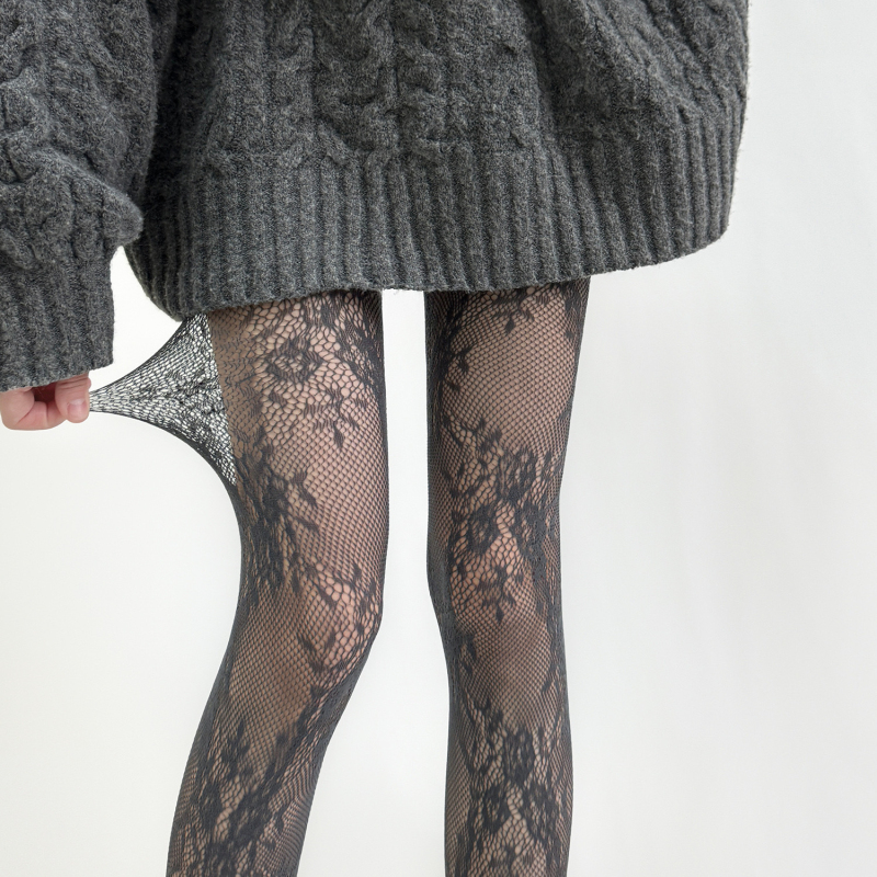 40-100kg 【5 Colors】High Elasticity Retro Hollow Floral Lace Jacquard Stockings Y2K Fishnet Leggings for Women