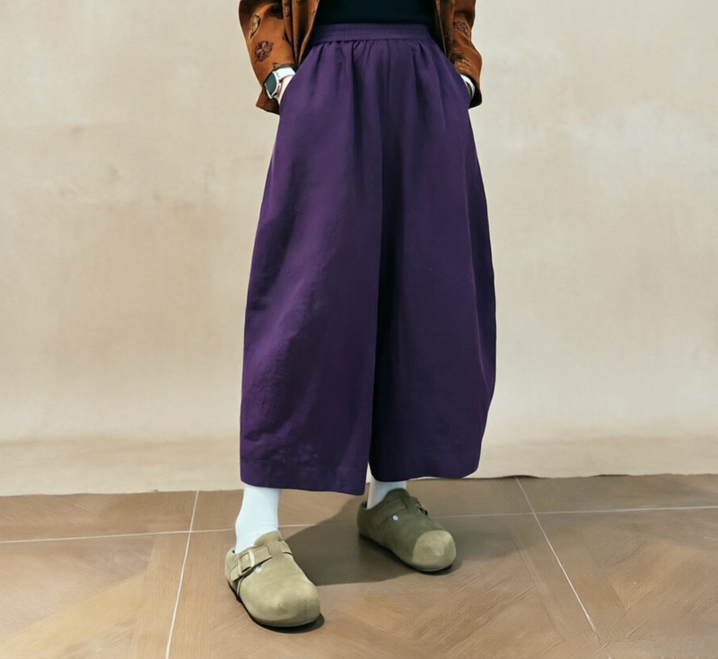 100% Mulberry Silk Xiangyun Yarn Purple Turtle Large Flower Bud National Trend Fashion Pants with Full Elastic Waistband, Stylish and Versatile