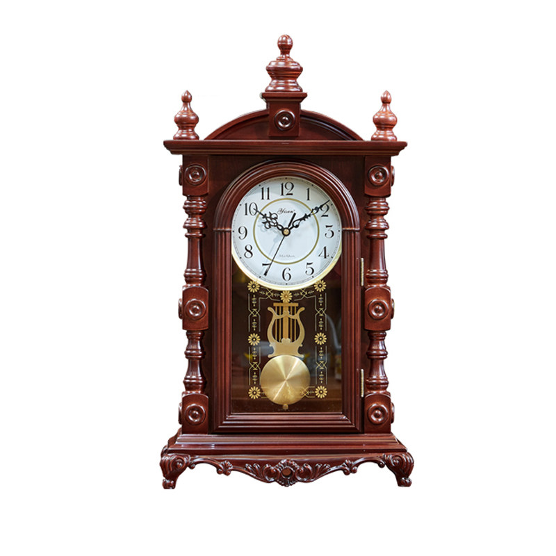 Chinese-Style Solid Wood Desk Clock with Hourly Time Chime, Vintage Table Clock for Home Living Room Desktop, European-Style Clock Ornament