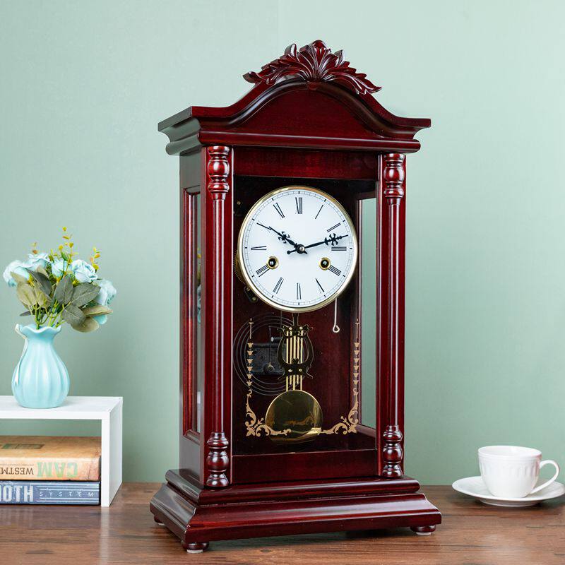 European-style retro mechanical clock living room solid wood large desktop alarm clock watch old-fashioned home wind-up Chinese desk clock