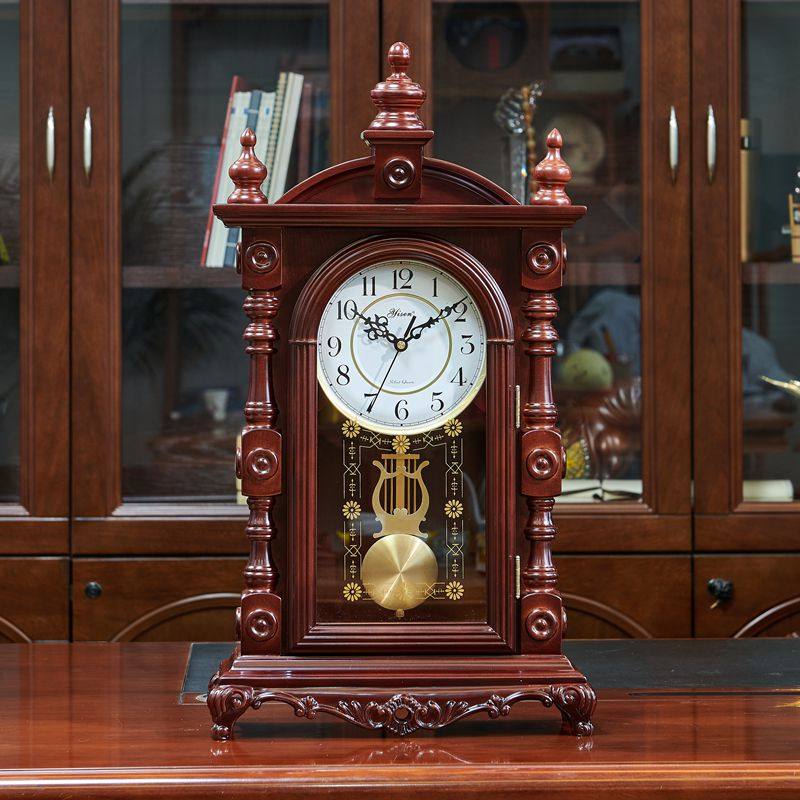 Chinese-Style Solid Wood Desk Clock with Hourly Time Chime, Vintage Table Clock for Home Living Room Desktop, European-Style Clock Ornament