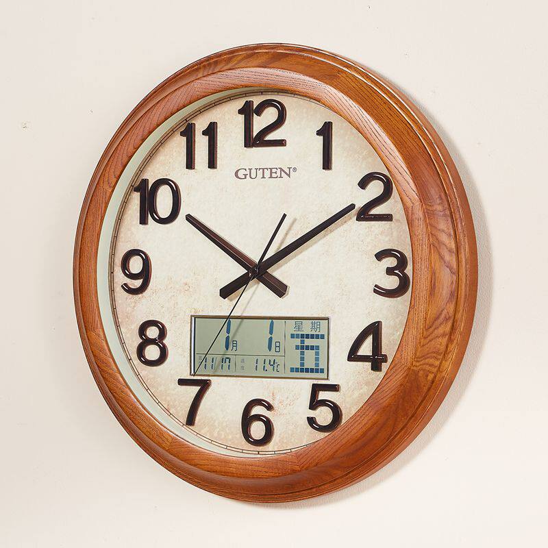 Jinzhongbao ash wood wall clock living room Chinese-style European retro lunar calendar temperature and humidity silent creative quartz clock