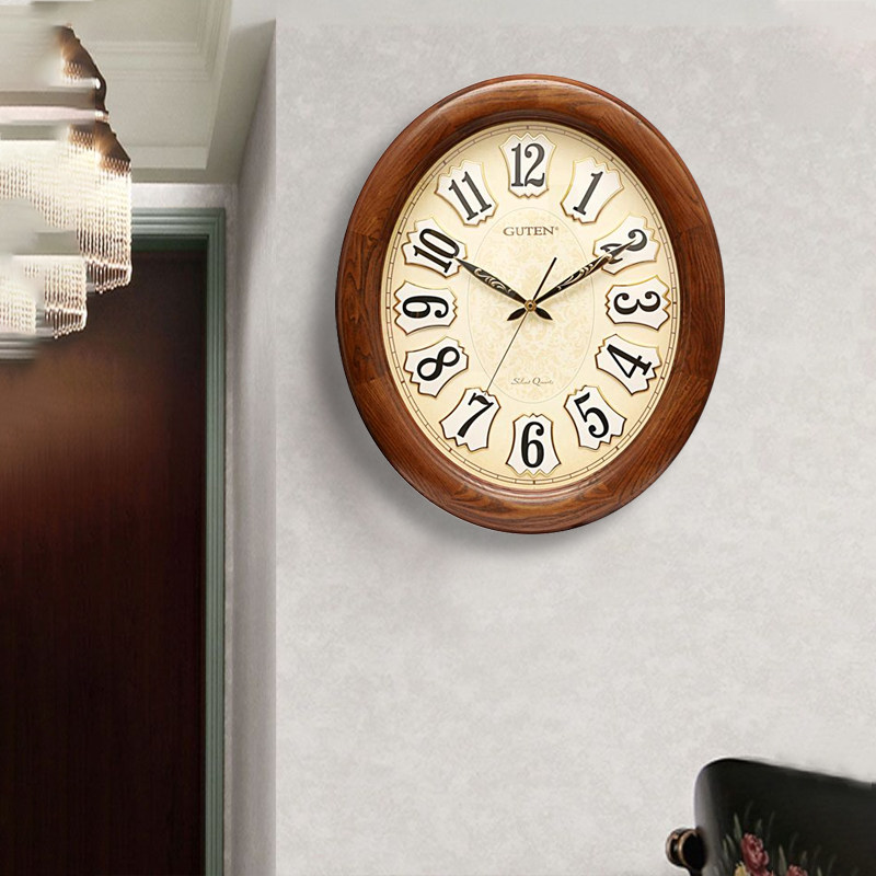 Admiralty Oval hanging bell Euro style living room solid wood large number muted hanging bell Chinese style retro creative quartz clock table-Taobao