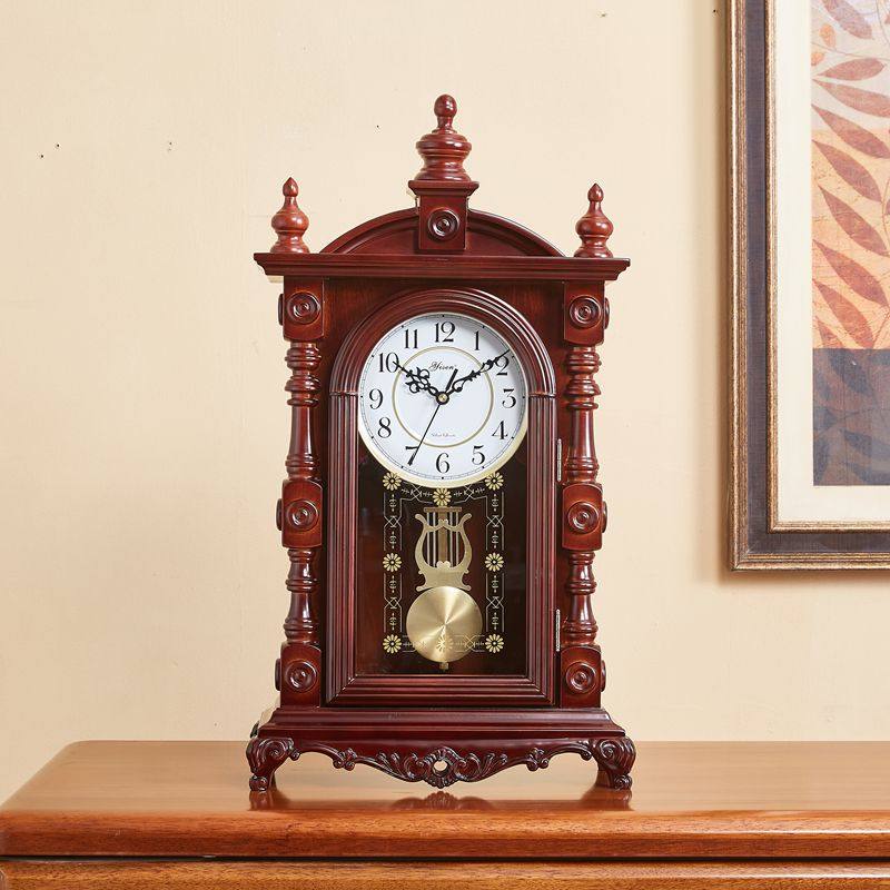Chinese-Style Solid Wood Desk Clock with Hourly Time Chime, Vintage Table Clock for Home Living Room Desktop, European-Style Clock Ornament
