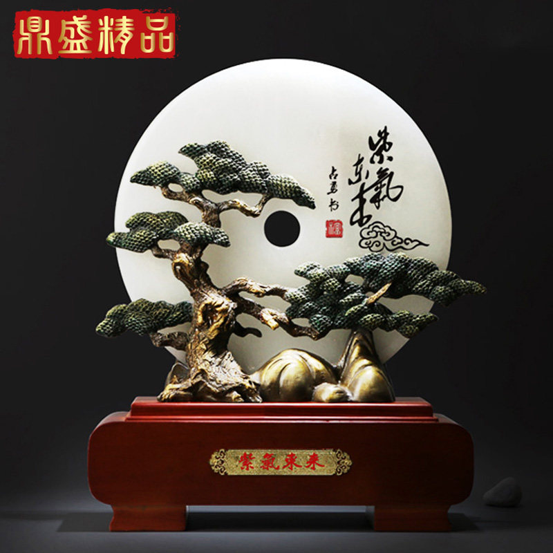 Pure natural jade flat buckle enamel color Taishan welcome pine ornaments home decoration office business high-end gifts