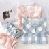 Bộ đồ ngủ vải cotton hai lớp gạc của phụ nữ mùa hè vải cotton mỏng dịch vụ tại nhà quần dài tay kẻ sọc cardigan cộng với kích thước - Cha mẹ và con