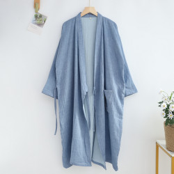 Spring and Autumn crepe pure cotton double-layer gauze nightgown men's medium-length Japanese kimono yukata cardigan lace-up blue B&B