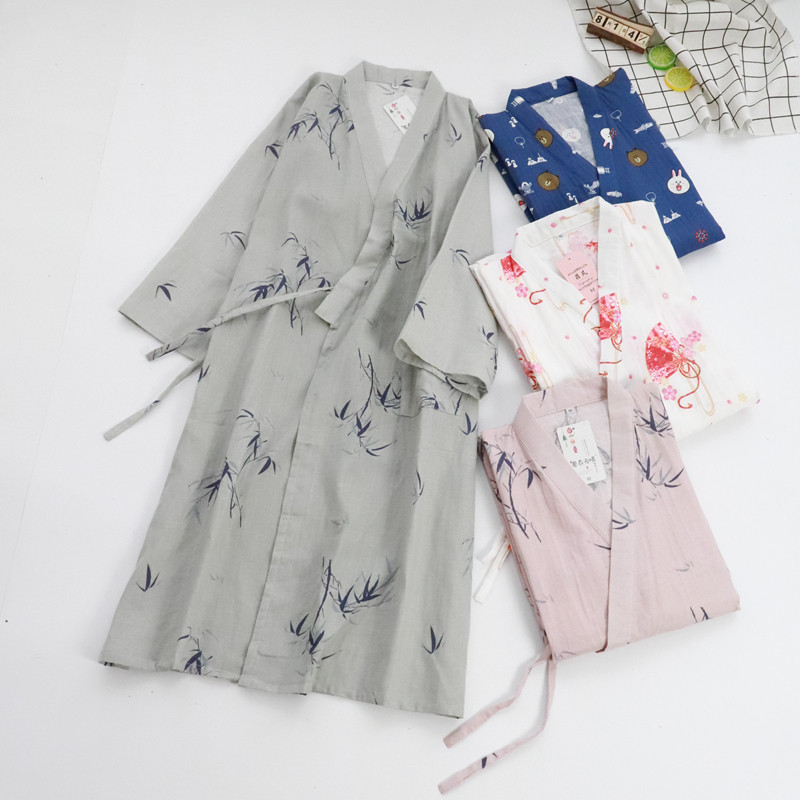 Lovers Summer Pure Cotton Double Layer Gauze Pyjamas sundress Japanese style bathrobe and wind female pyjamas male bathrobe big size crushed flowers