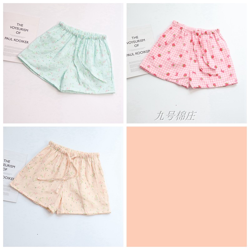 Quần short cotton gạc nữ mùa hè quần cotton mỏng pyjama cotton hai lớp quần nhà kích thước lớn hoa sọc ba quần quần thể dục