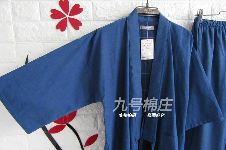 Bông gạc thanh niên kích thước lớn kimono nam mùa xuân và mùa hè áo choàng tắm phần mỏng màu rắn dịch vụ nhà và gió Nhật Bản phong cách bảy phần tư tay áo quần