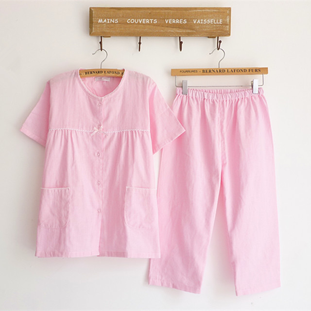 Nửa tay áo quần short cắt quần mùa hè phụ nữ bông đôi gạc đồ ngủ mỏng phần dịch vụ nhà thiết lập mồ hôi thoáng khí