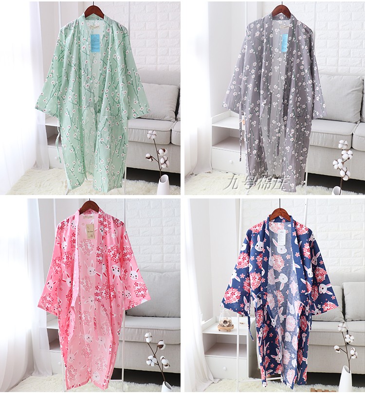 Mùa xuân và mùa hè gạc mỏng nightdress nam cardigan dài đoạn áo bông đôi yukata nữ phong cách Nhật Bản gió đồ ngủ hoa