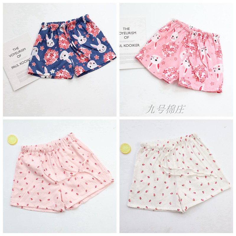 Quần short cotton gạc nữ mùa hè quần cotton mỏng pyjama cotton hai lớp quần nhà kích thước lớn hoa sọc ba quần quần thể dục
