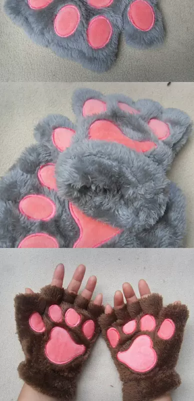 Phiên bản tiếng Hàn của găng tay gấu mùa thu và mùa đông nữ dễ thương hoạt hình mèo vuốt nửa ngón tay cộng với nhung dày học sinh găng tay ấm - Găng tay