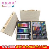 Childrens painting set watercolor pen crayon oil painting stick wooden box brush painting training sketching art toolbox