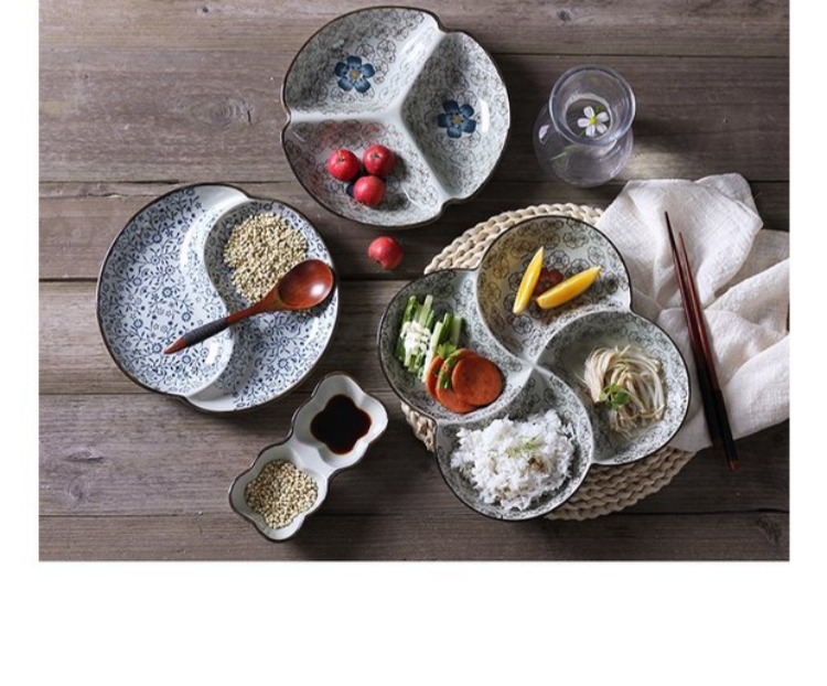 Bộ đồ ăn Nhật tách gốm sáng tạo ba món cơm lưới bát cơm trẻ em tấm ăn nhẹ đĩa ăn sáng món ăn gia đình đĩa giấy dùng 1 lần