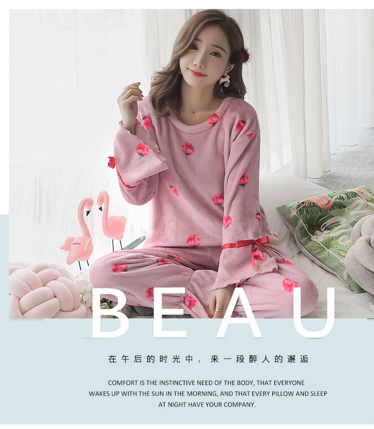 Mùa thu và mùa đông Sinh viên Hàn Quốc Bộ đồ ngủ nhung san hô ngọt ngào và đáng yêu cộng với nhung dày ấm áp có thể mặc bên ngoài phù hợp với flannel phụ nữ các kiểu đồ bộ mặc ở nhà đẹp