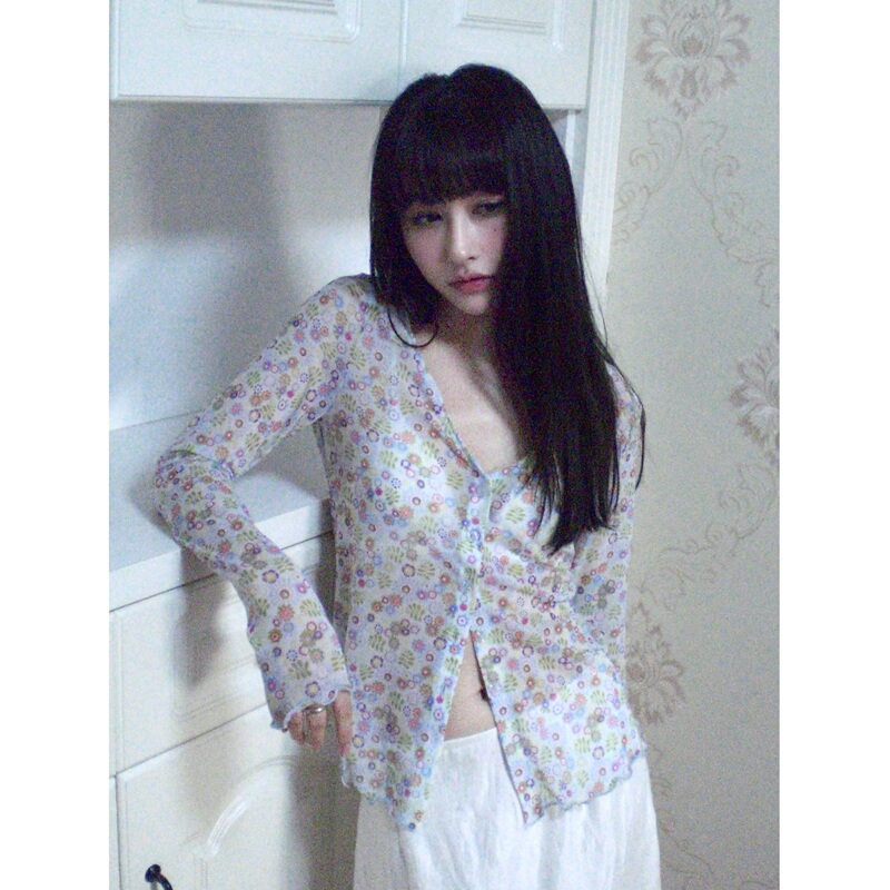 Hibabao Original LAOSHU Japanese-Style Small Floral Stretch Cardigan, Soft and Versatile Slim-Fit T-Shirt