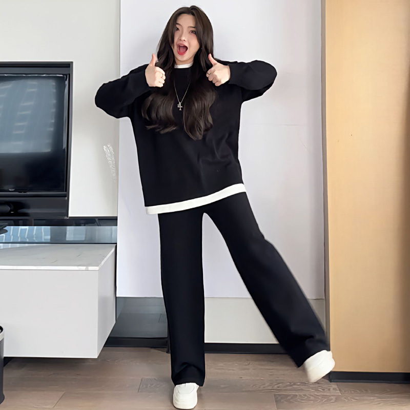 Plus Size Women's Clothing mm Belly-Covering Loose Top That Hides Fat, Autumn and Winter Set for Chubby Girls, Knitted Sweater and Wide-Leg Pants Two-Piece Set