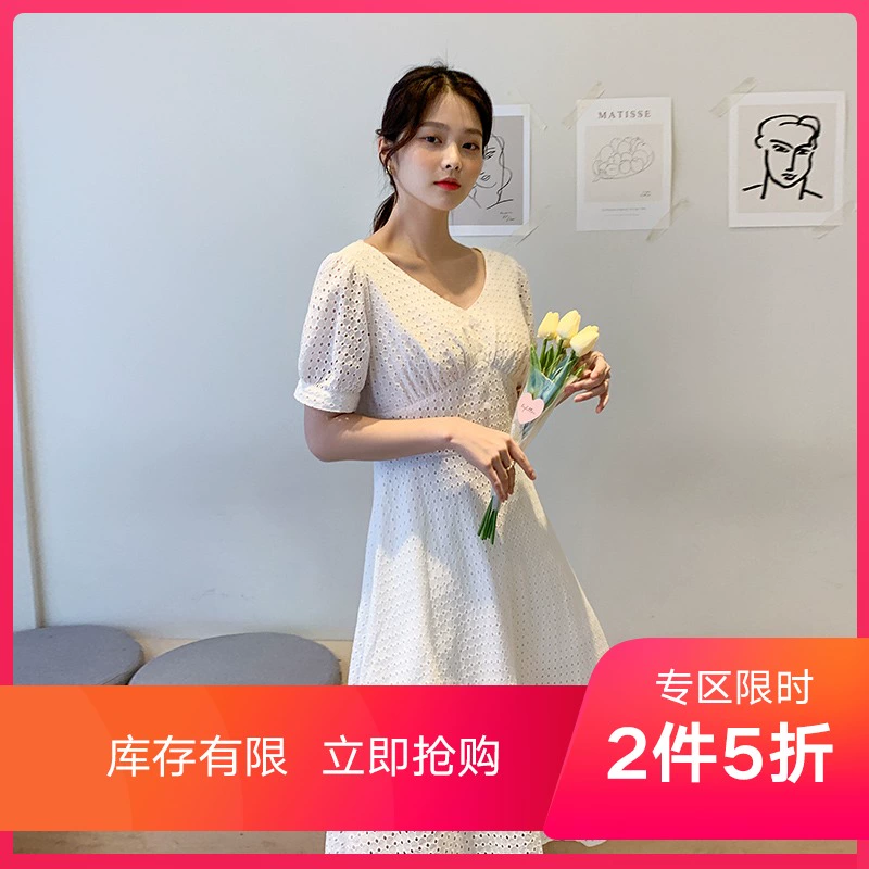 Cửa hàng quần áo Handu 2020 hè mới Phụ nữ Hàn Quốc khí chất rỗng áo dài RJ1001 Huân - váy đầm