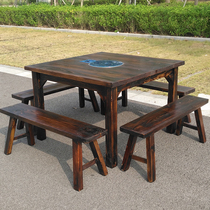 Restaurant restaurant solid wood long square table square table carbonized dark retro antique hotel hot pot restaurant commercial dining table and chairs