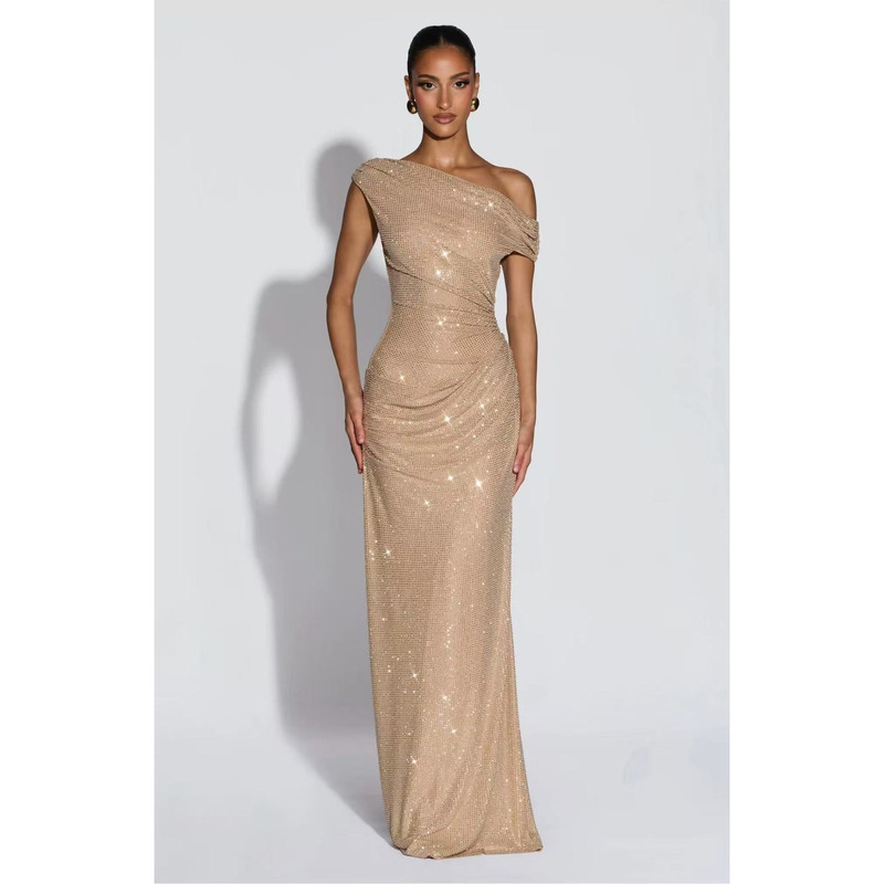 2026 Sleeveless One-Shoulder Apricot Rhinestone Long Dress Evening Gown Performance Annual Meeting Host Toast Dress Women's Clothing 2026 Sleeveless One-Shoulder Apricot Rhinestone Long Dress Evening Gown Performance Annual Meeting Host Toast Dress Women's Clothing