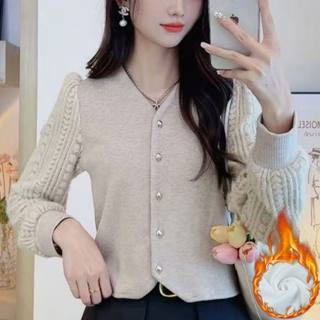 Velvet thickened autumn and winter long-sleeved hollow bottoming sweater 2025 temperament age-reducing versatile foreign style top lace for women