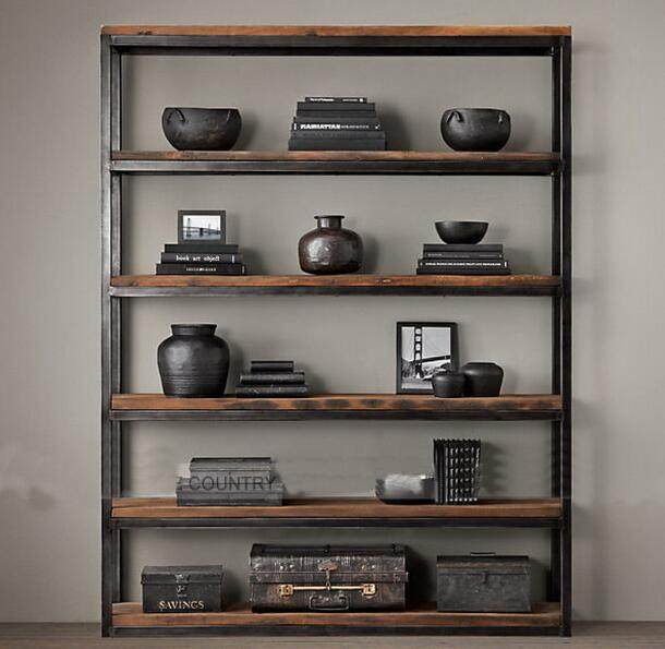American LOFT retro floor-to-ceiling solid wood wrought iron bookshelf shelf shelf bookcase home partition solid wood shelf
