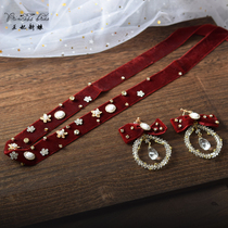 Bridal headdress European and American style red flannel hairband Pearl crystal earrings set Toast suit Bridal wedding accessories