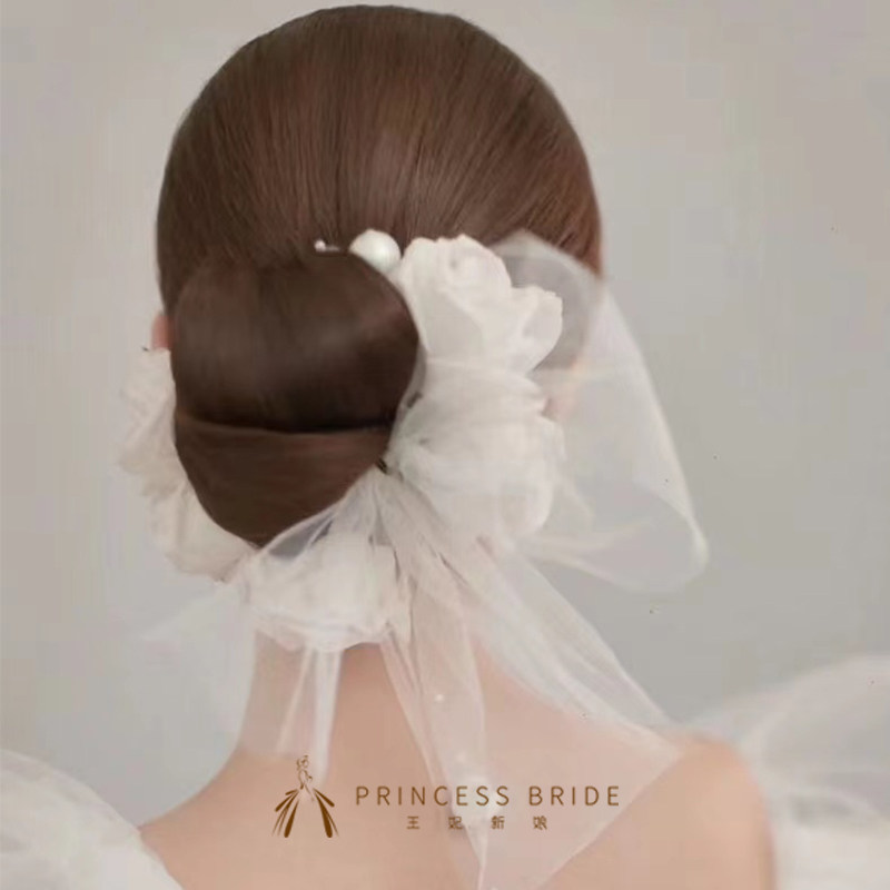 Princess's new French bridal headdress pearl head flower bow veil photo hair back area wedding styling accessories
