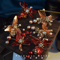 Original new exquisite bridal headdress red liquid flower hairpin Wedding dress accessories head flower with makeup hair jewelry