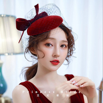 2021 New wine red toast bridal bow Elegant banquet photo studio Socialite dress mesh top hat