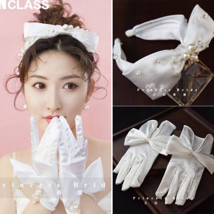 2022 new products elegant ladies noble retro white pearl satin headband bridal wedding photo studio photo headwear