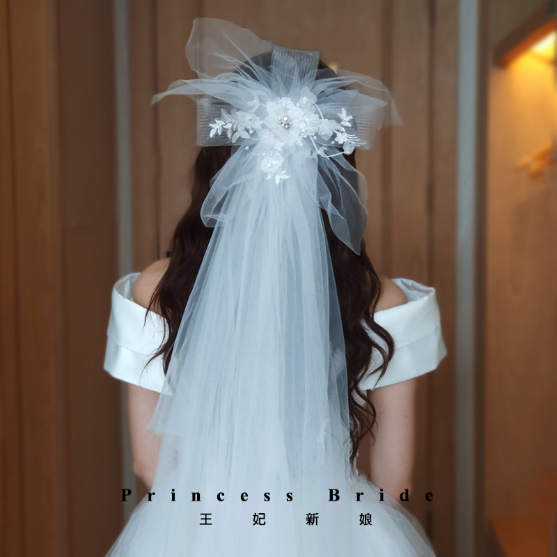 Korean-style new hand-bead embroidery soft headdress church wedding dress double-layer grid grace wedding dress