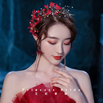 New vintage red flower side hairpin bridal wedding headdress Studio photography with makeup styling plate hair jewelry