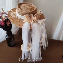 French wedding photography props Retro straw hat with yarn Travel creative flat top beach photo daily shade topper