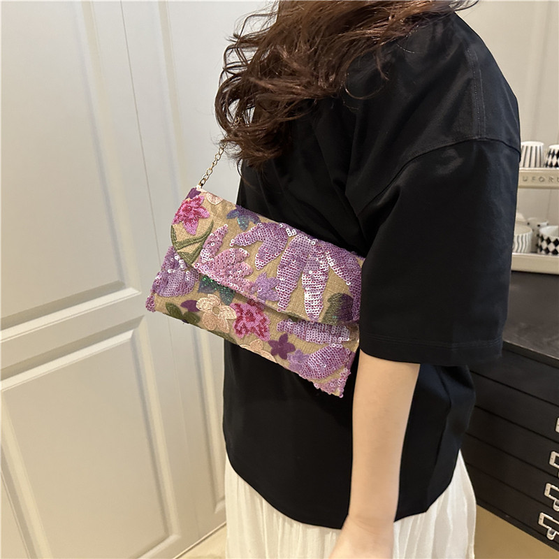 Qianshuqi New Chinese Style Floral Envelope Bag High-Quality Embroidery Sequins Daily Commuting Shoulder Handbag