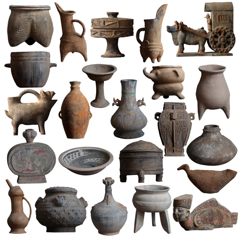 Collection of Early Neolithic Culture Antique Pottery, Including Pottery Tripod, Pottery Pot, and Pottery Jug, Antique Hotel Decoration Ornaments and Collectibles