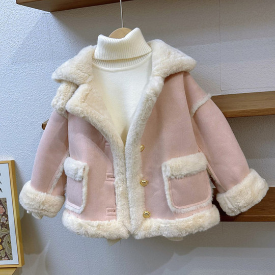 Girls' fur one-piece winter new style Korean fashionable deerskin velvet thickened children's winter top