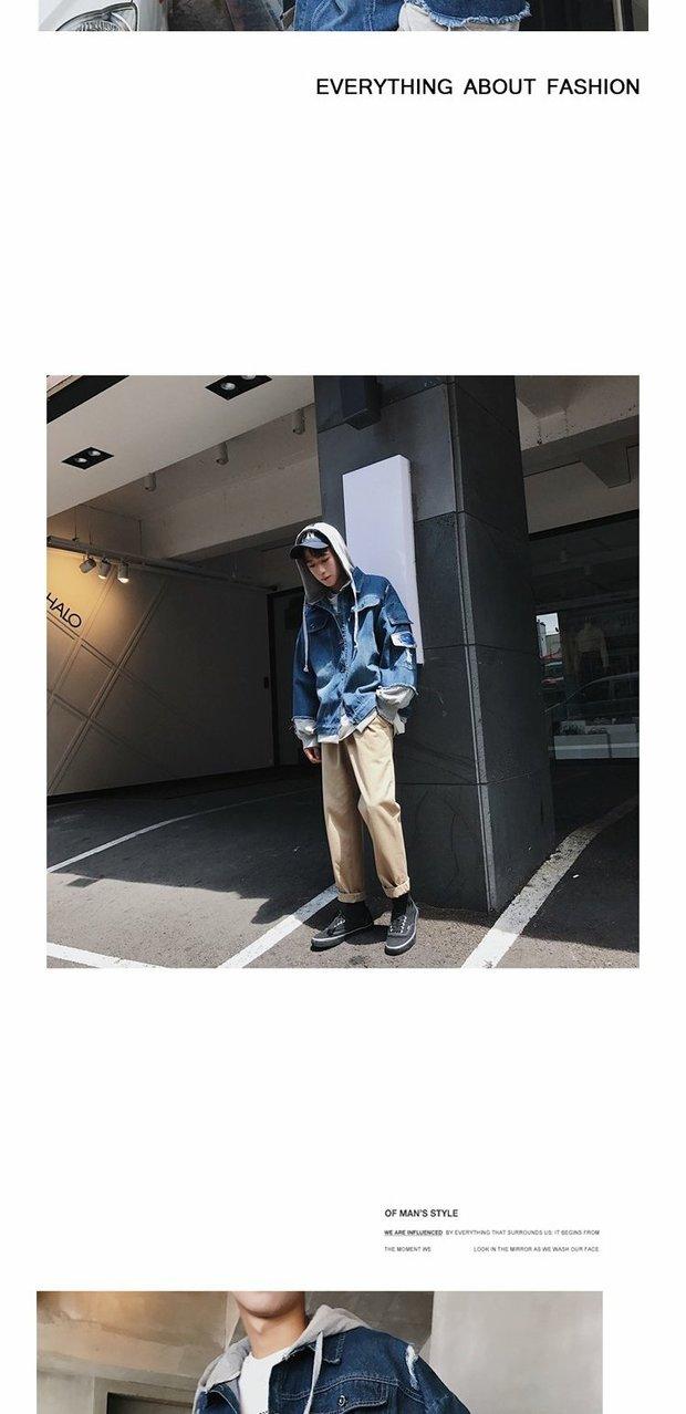 Mùa thu giả hai quần áo denim trùm đầu Phiên bản Hàn Quốc của nam thanh niên áo khoác lỗ lỏng áo khoác gió bf Harajuku áo gió nam đẹp
