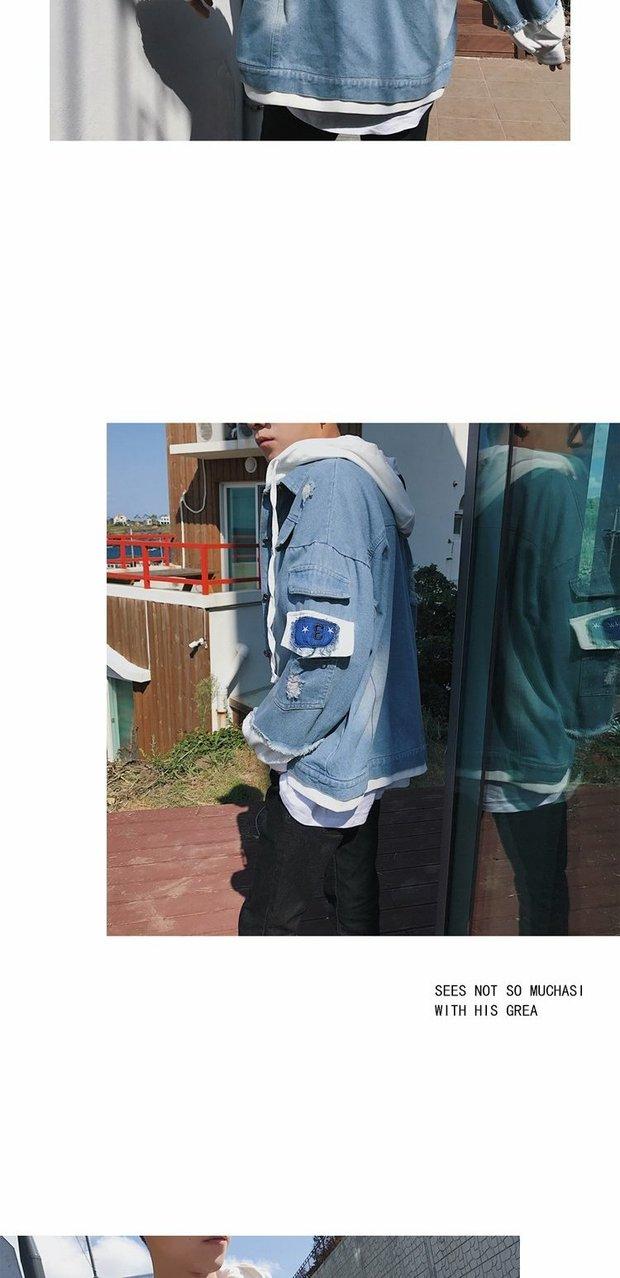 Mùa thu giả hai quần áo denim trùm đầu Phiên bản Hàn Quốc của nam thanh niên áo khoác lỗ lỏng áo khoác gió bf Harajuku áo gió nam đẹp