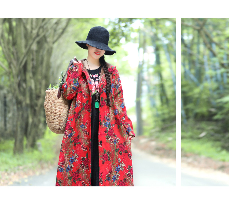 Mùa đông mới kích thước lớn retro gió quốc gia cotton và vải lanh in áo gió phụ nữ cộng với áo khoác nhung dài dày áo da nữ dáng dài