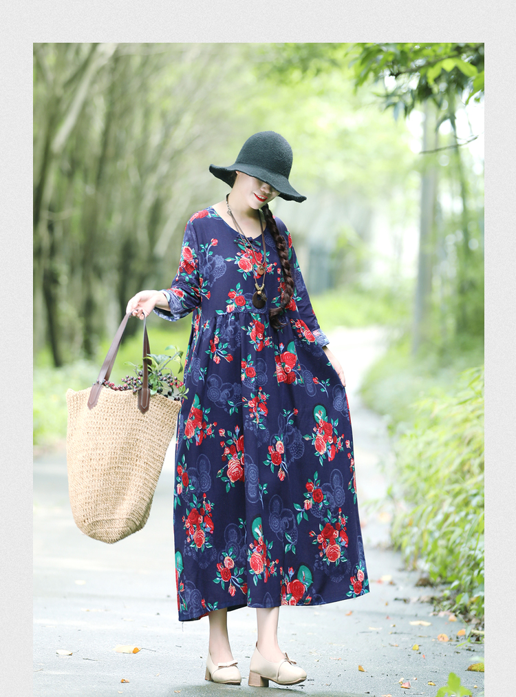 2018 mùa thu mới phong cách quốc gia của phụ nữ kích thước lớn cotton và lanh ăn mặc nghệ thuật retro giải trí lanh lớn đầm đu áo đầm dài