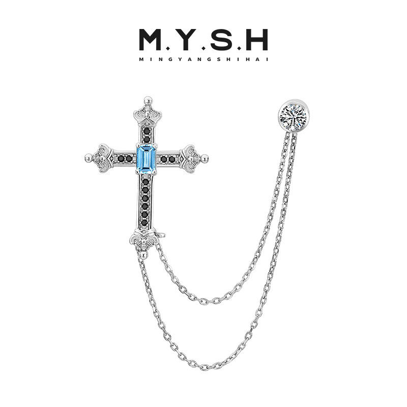 MYSH Sterling Silver Cross Brooch for Men, Suit Corsage, Wedding Pin, High-End, Niche Original Design
