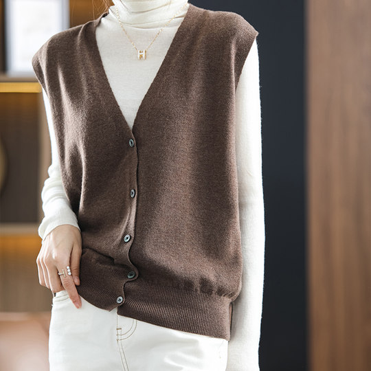 100% Wool Vest V-Neck Cardigan New Style Knitted Vest Outerwear for Women Spring and Autumn Elegant Loose Sleeveless Sweater Vest