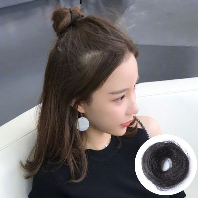 Real hair hair ring half meatball hair bag fluffy bud head female hair ring Korean bridal bag wig bag ancient costume hair accessories