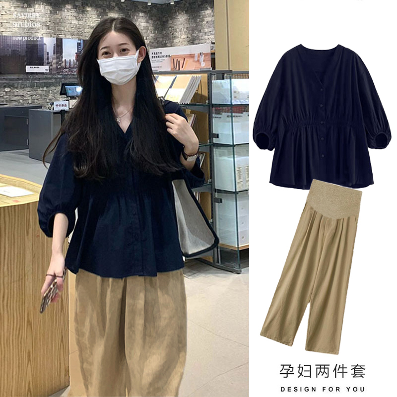 British Style Mdcw Maternity Top Summer Wear Korean Style Loose Pleated Shirt Wide-Leg Pants Fashionable Two-Piece Set British Style Mdcw Maternity Top Summer Wear Korean Style Loose Pleated Shirt Wide-Leg Pants Fashionable Two-Piece Set