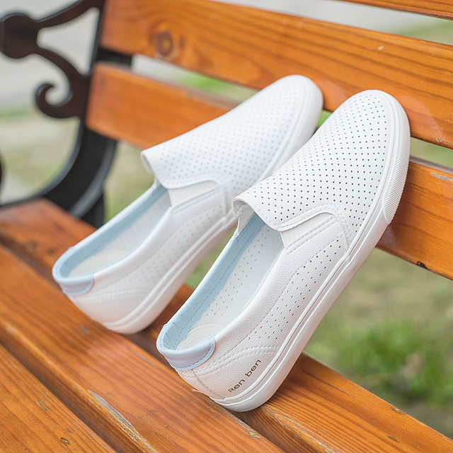 Renben summer ໃຫມ່ເກີບສີຂາວຂອງແມ່ຍິງ slip-on lazy breathable ນັກສຶກສາ sneakers ແມ່ຍິງ hollow ເກີບພະຍາບານສີຂາວ