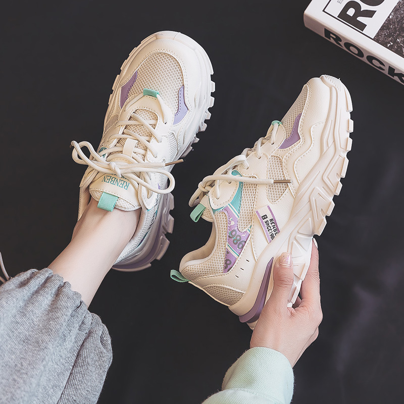 Humanistic 92135 BeigeHumanism Daddy shoes female 2021 new pattern summer Thin Little white shoes ins tide Thick bottom leisure time Mesh surface gym shoes